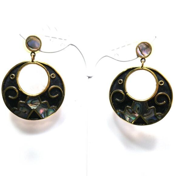 Vintage Mexico Abalone Shell Inlayed Black Enamel Post Earrings, 2 1/4 Inches - Picture 3 of 8